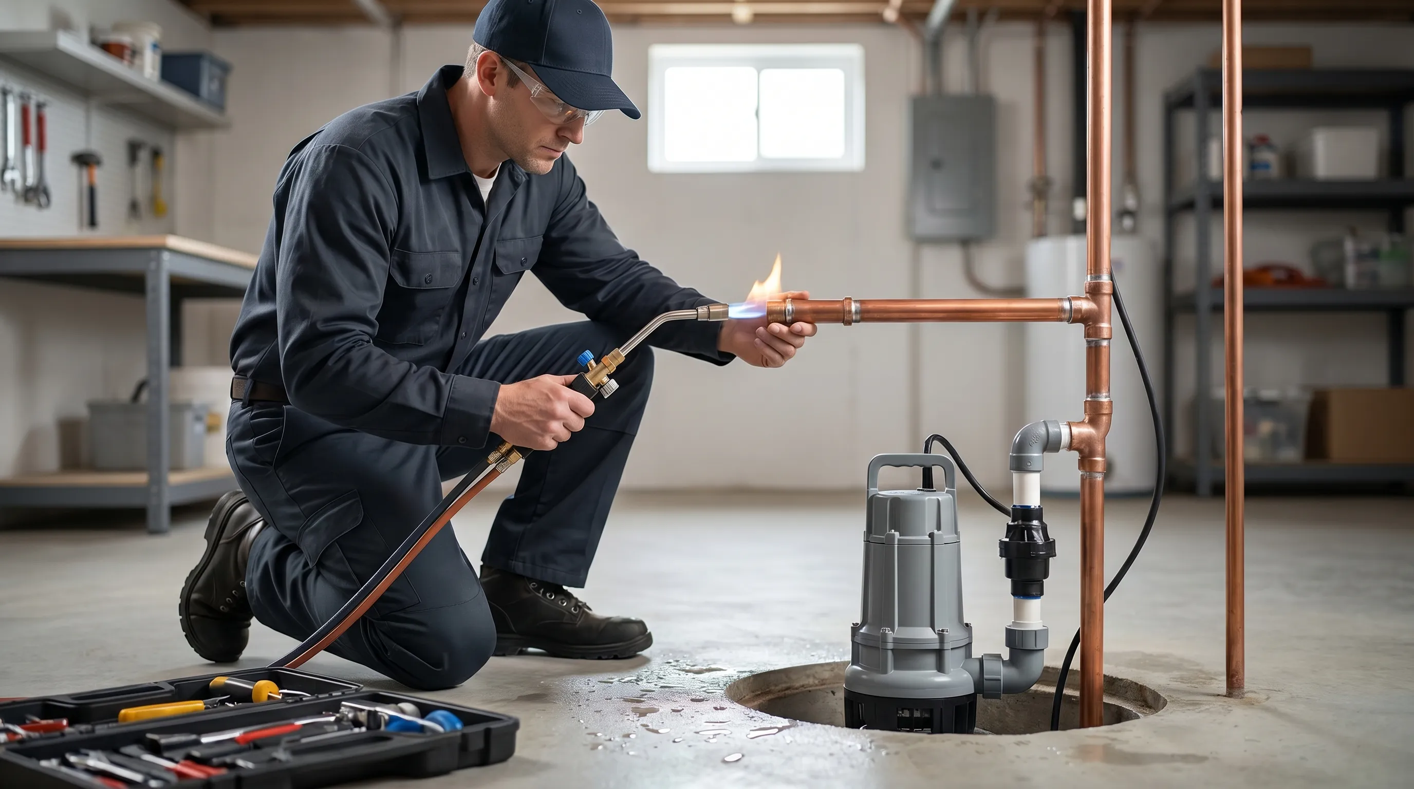 Licensed plumber repairing a burst pipe in a Grand Forks, ND home basement utility room