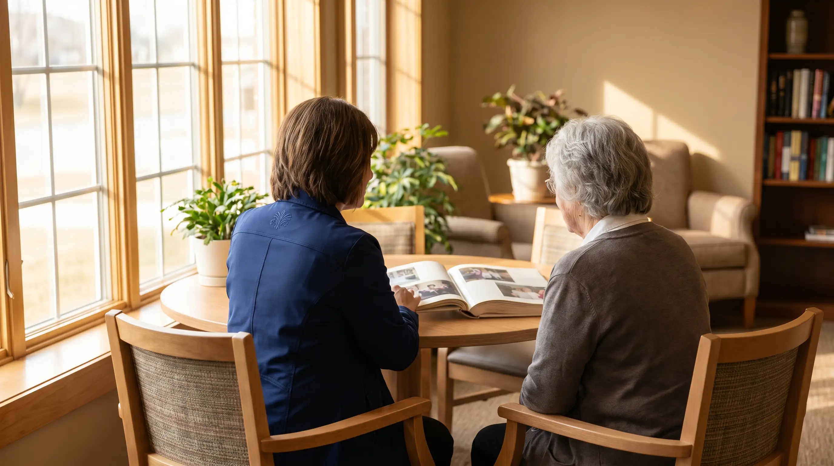 Caregiver in company-branded uniform assisting an elderly resident in a warmly lit Grand Forks, ND assisted living common area