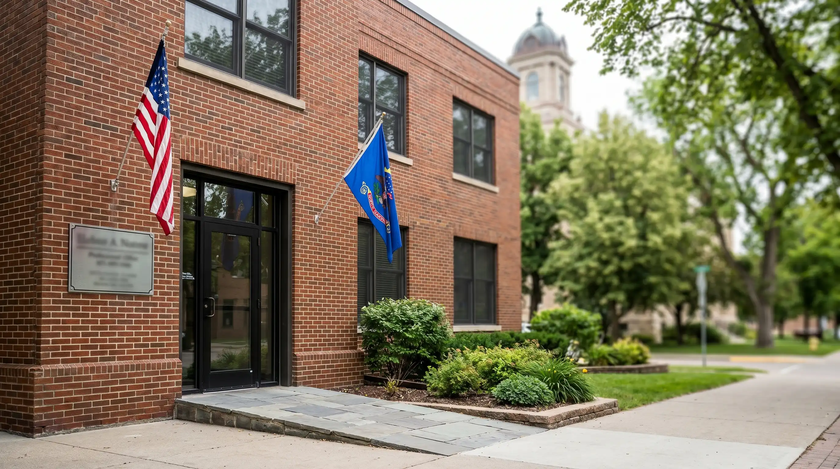 Professional attorney in consultation with a client at a law office in downtown Grand Forks, ND