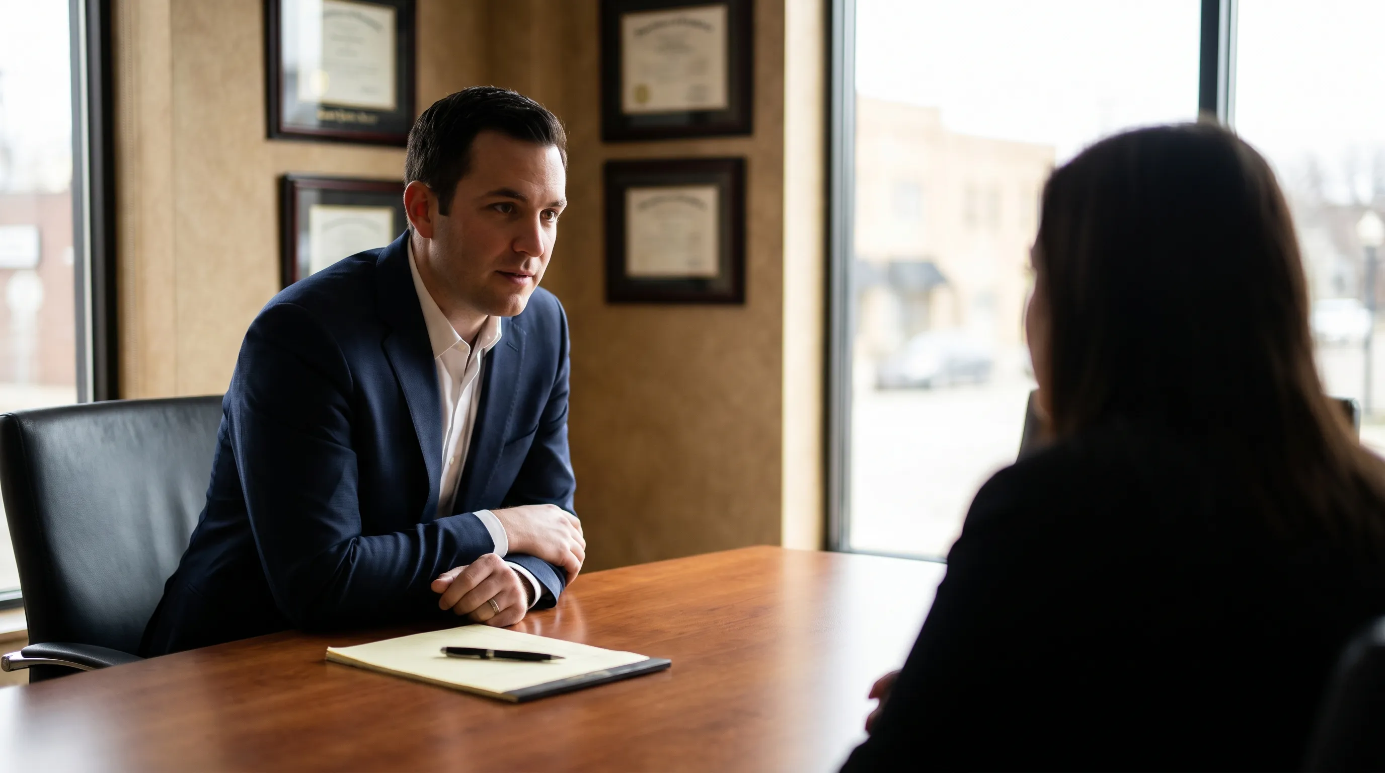 Professional attorney in consultation with a client at a law office in downtown Grand Forks, ND