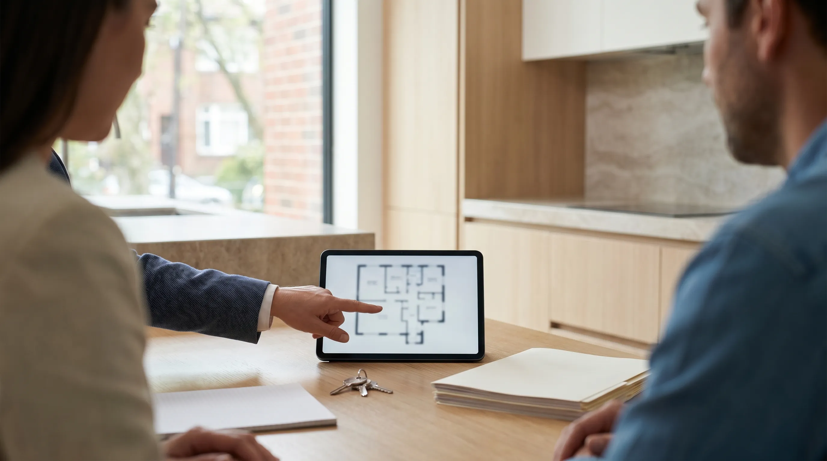 Real estate agent reviewing home listing with a couple at a kitchen table in a Grand Forks, ND home