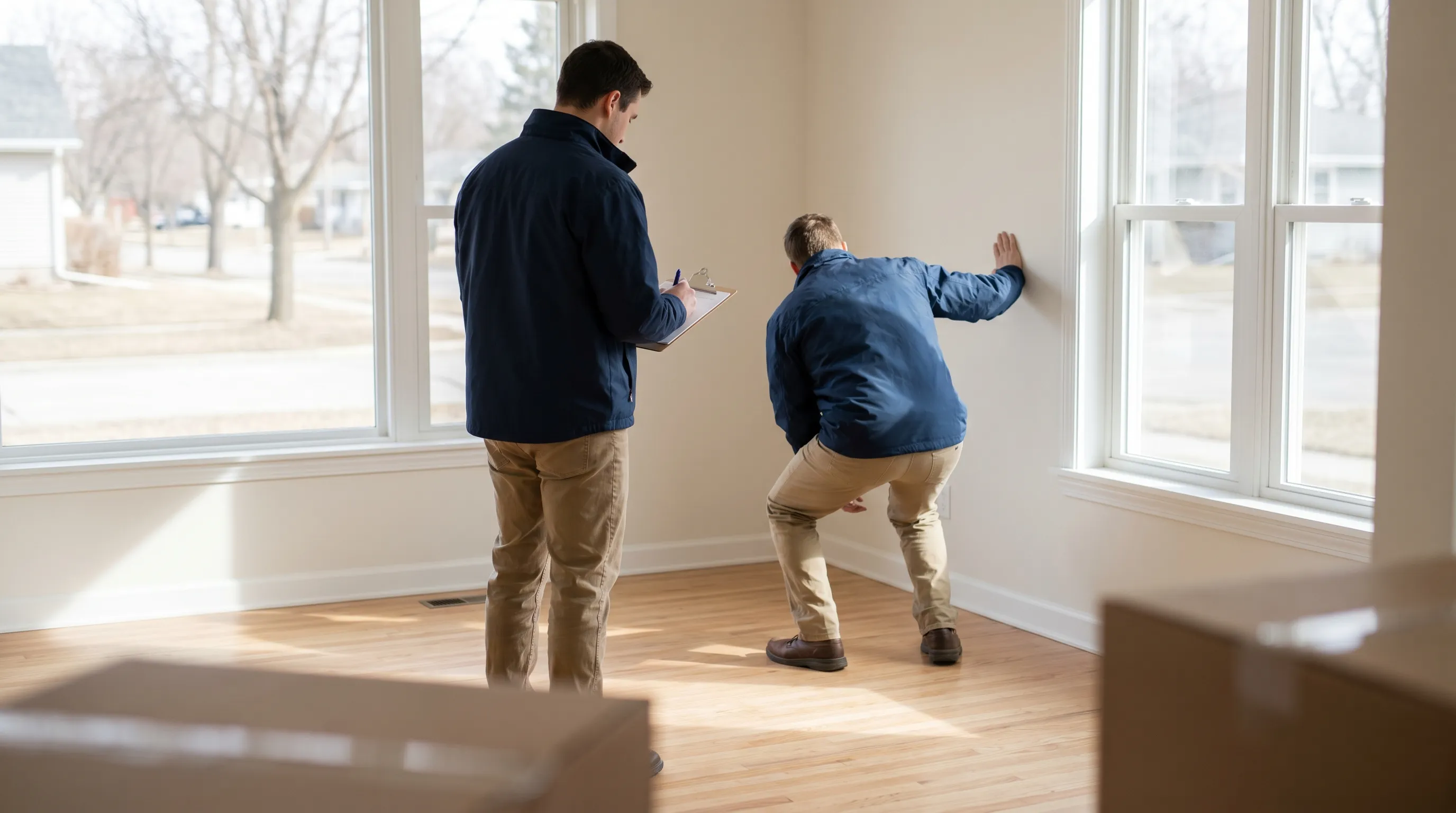 Professional movers in branded uniforms loading furniture from a Grand Forks, ND residential home on a summer moving day