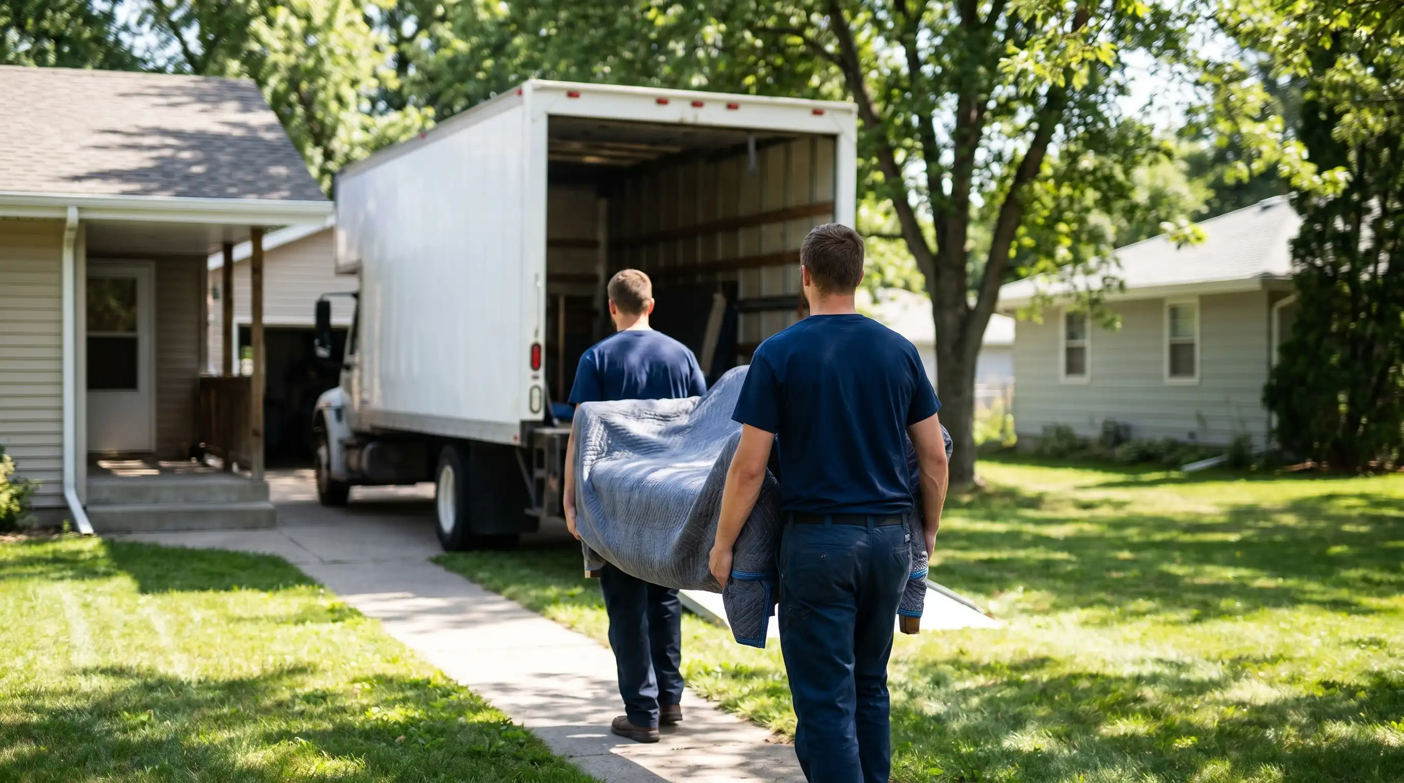 Professional movers in branded uniforms loading furniture from a Grand Forks, ND residential home on a summer moving day