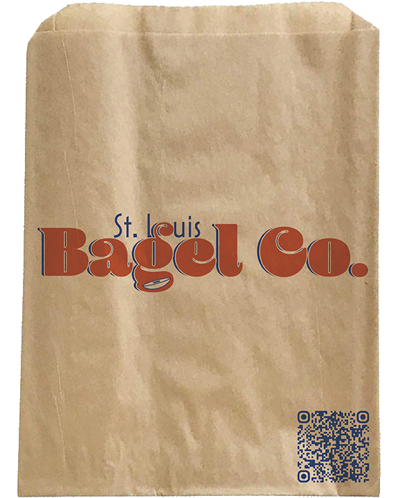 Logo for St. Louis Bagel Co. mocked up on a brown paper pastry bag with a QR code in the bottom right corner that links to a schedule of hours for the business.