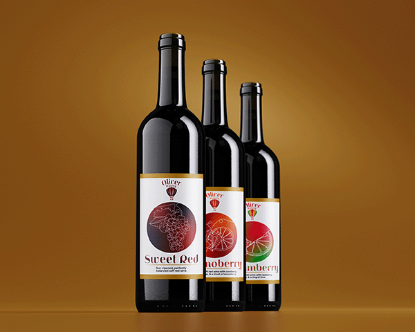 Mockup of three wine bottles on a gold background. The bottle in the foreground has a label for Oliver Winery's Sweet Red. The bottle in the mid-ground has a label for Oliver Winery's Cosmoberry. The bottle in the background has a label for Oliver Winery's Dreamberry.