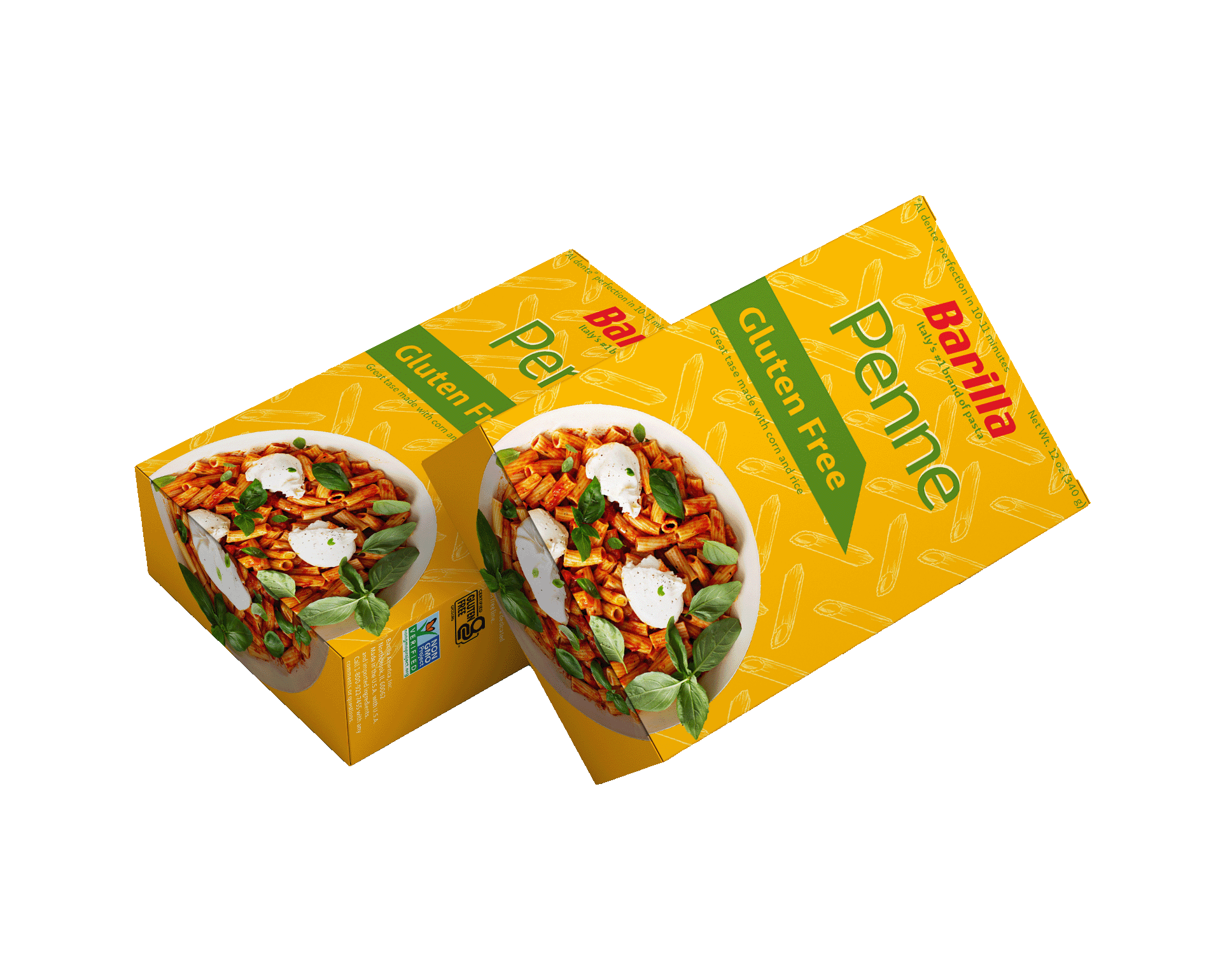 Two redesigned Barilla Gluten Free Penne pasta boxes laying on their backside. One is flat and the other at an angle from being placed atop the other.