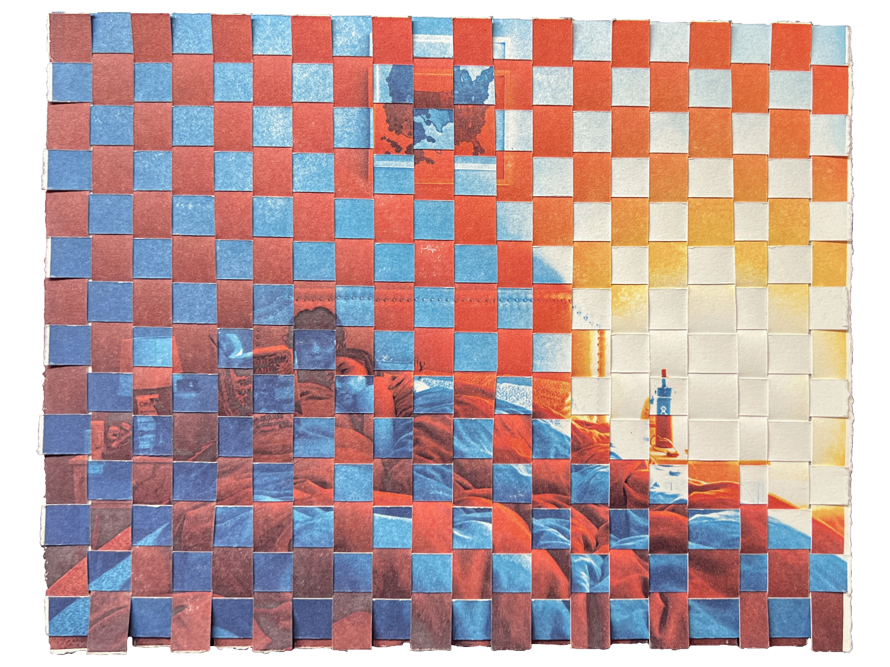 Image of two women lying in bed reading together. Image is two separate images woven together, one a monochromatic blue color palette and the other a monochromatic red palette.