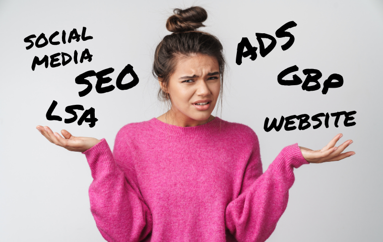 person confused pointing to different marketing ideas