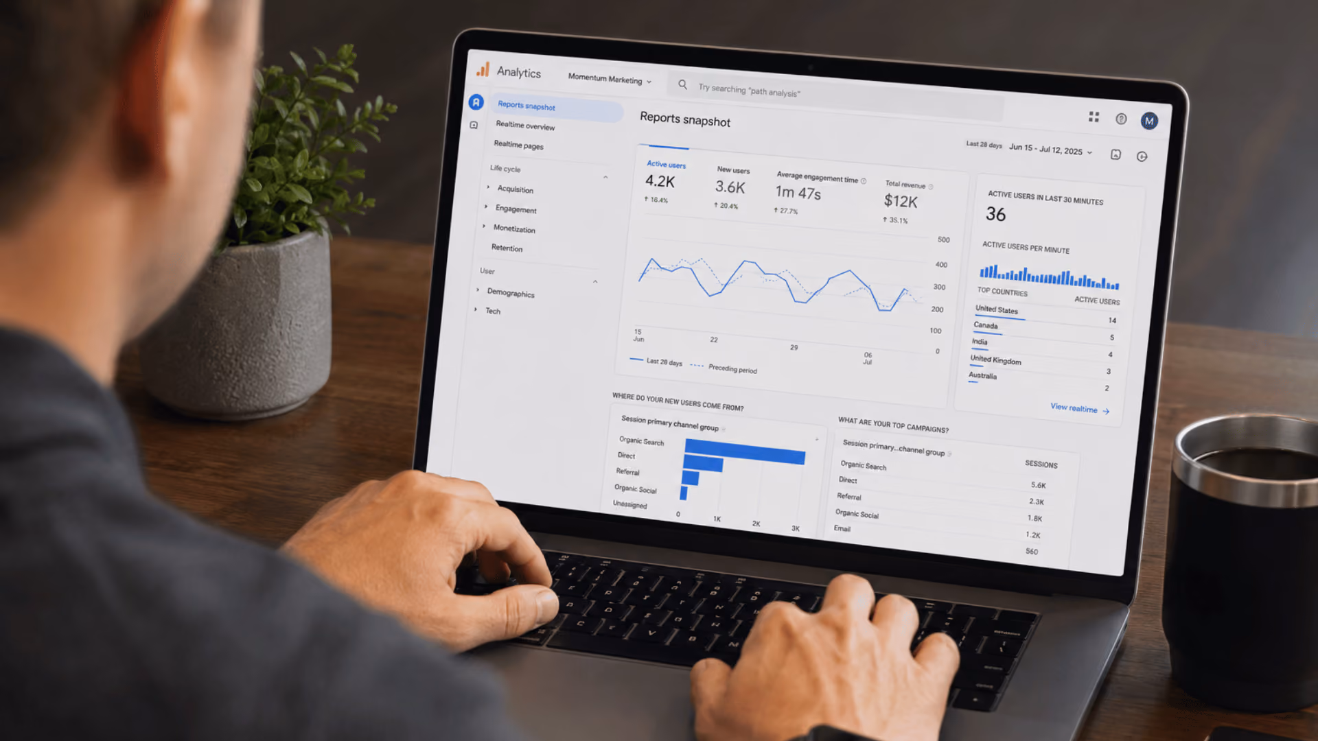 marketing strategist reviewing analytics data on a laptop screen