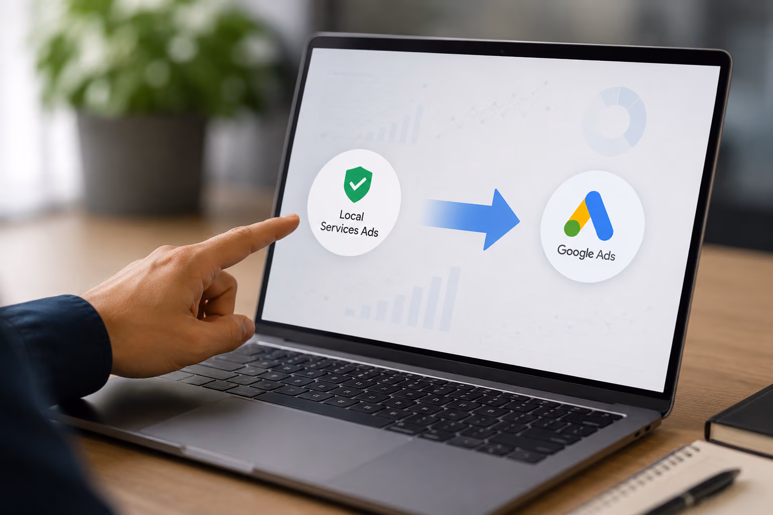 person viewing computer that says local services ads are moving to google ads