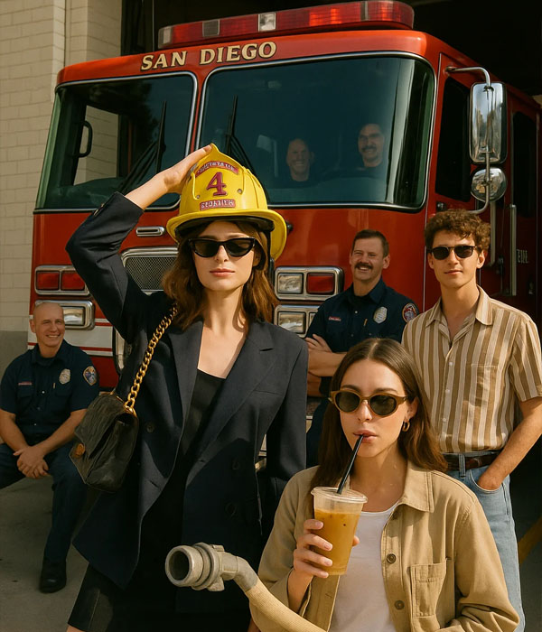 A group of friends visiting a fire station
