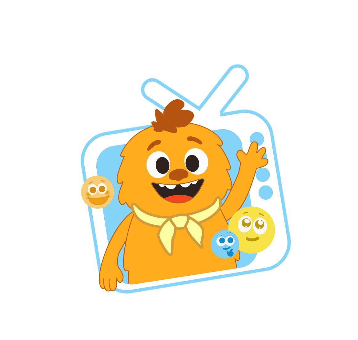 Image of Humie mascot and emotion faces inside a cartoon TV