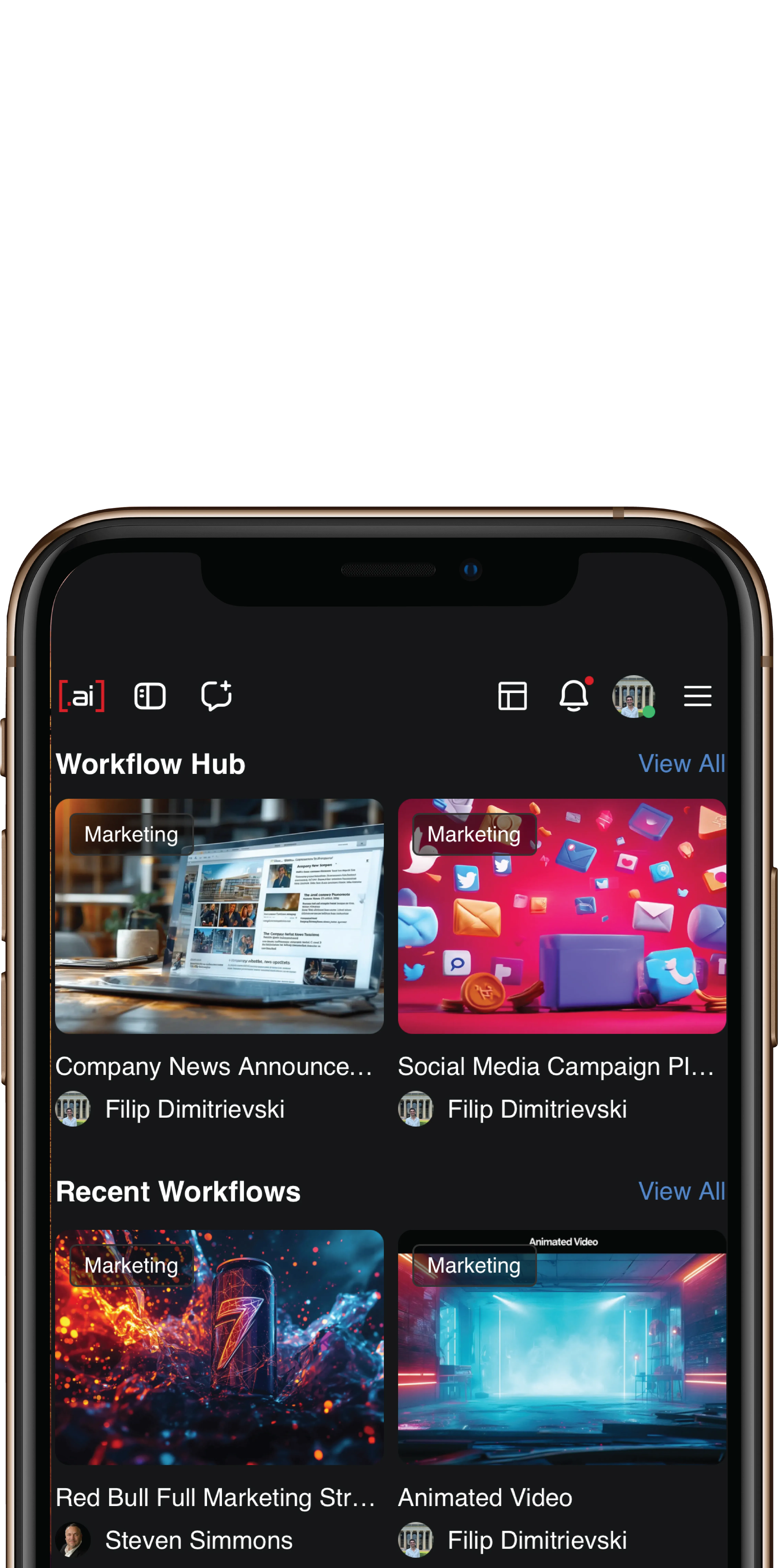 Mobile view of Prompts.ai Workflow Hub showing recent AI workflows for marketing automation and campaign planning