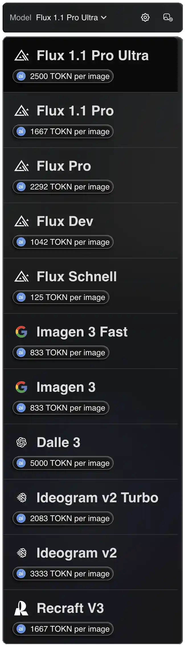 Image model selector in Prompts.ai showing available AI image generators including Flux 1.1 Pro Ultra, Flux 1.1 Pro, Flux Pro, Flux Dev, Flux Schnell, Imagen 3 Fast, Imagen 3, DALL E 3, and GPT 1 Image with token-based pricing for enterprise-grade visual content creation