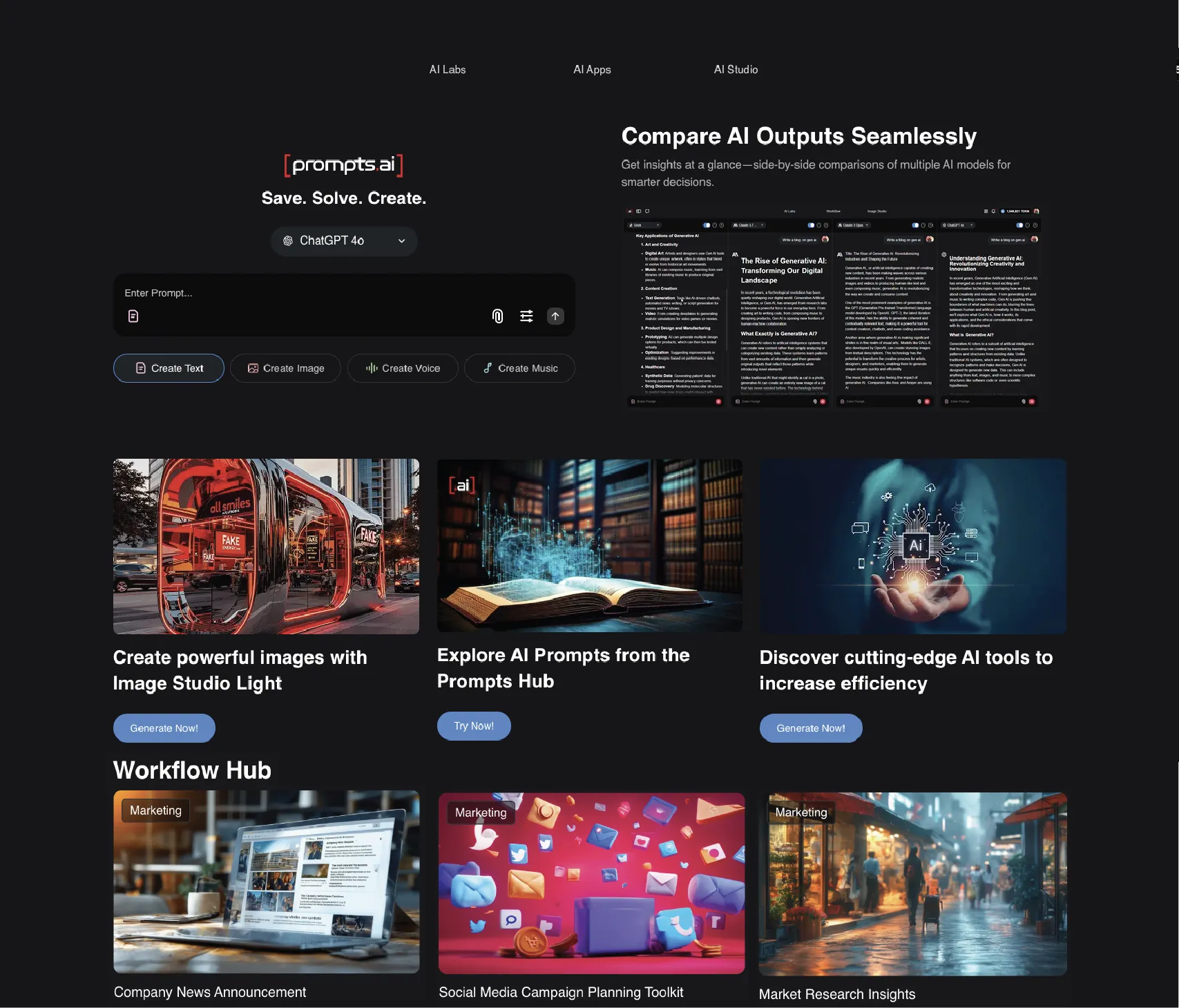 Prompts.ai platform dashboard showing AI Labs, prompts library, AI workflow, AI tools and multi-model output comparison designed for enterprise AI adoption and productivity