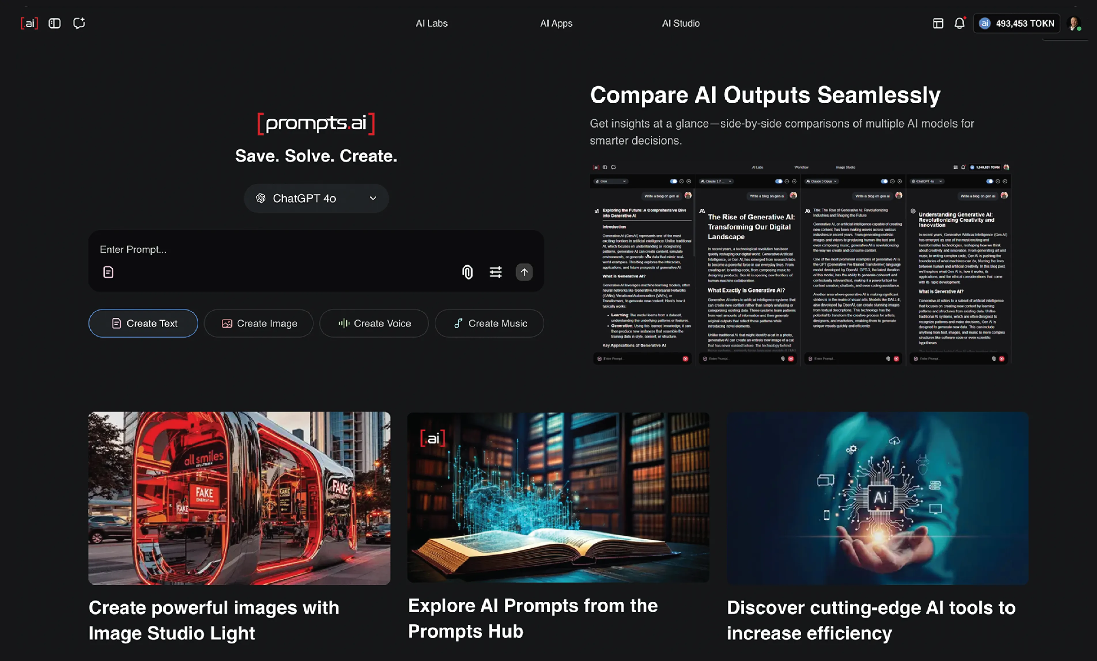 Prompts.ai interface showing unified AI dashboard for accessing 35 plus language models workflows and prompt hub in one secure platform