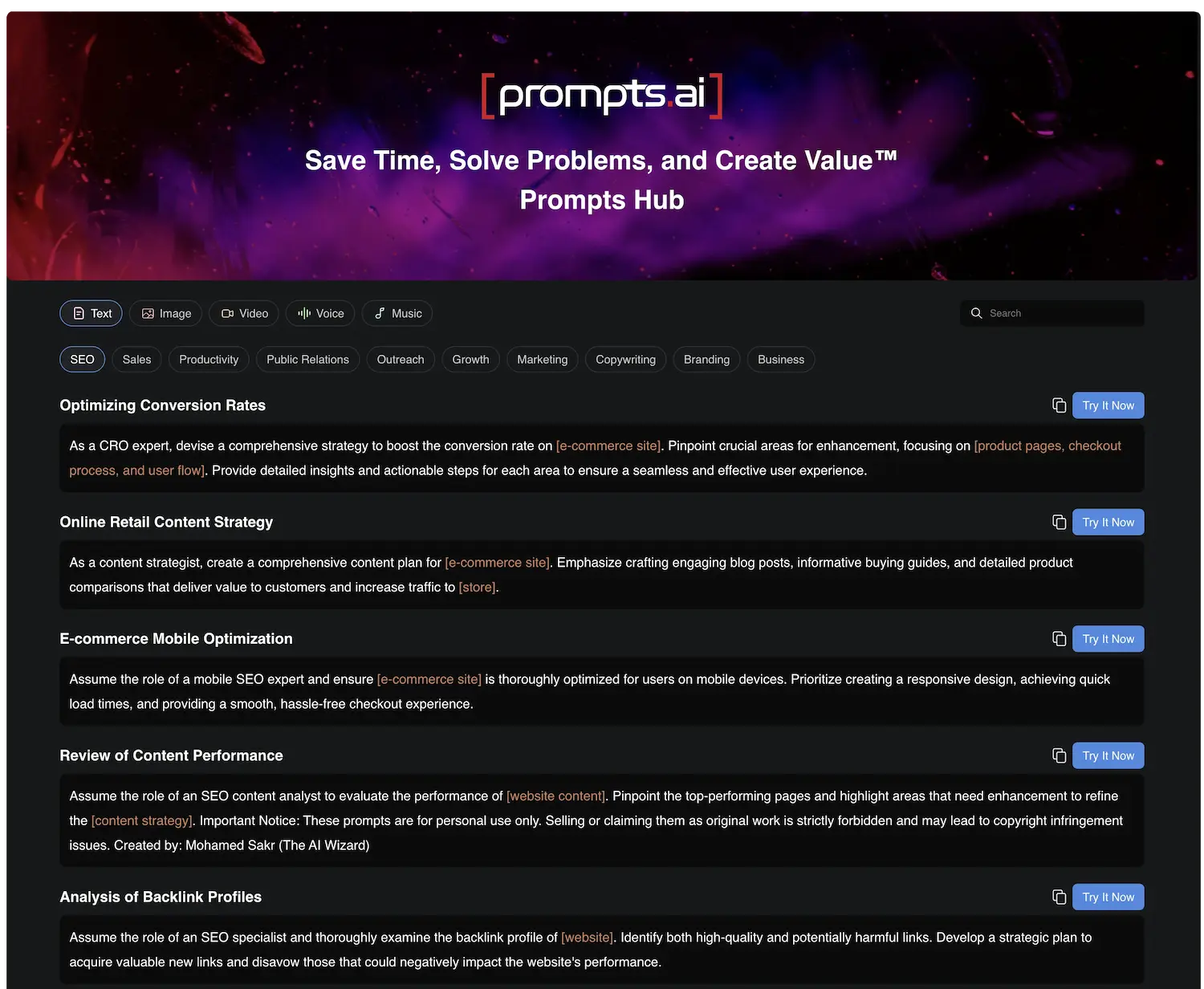 Prompts.ai Prompts Hub and Prompts AI Library interface displaying expert-crafted prompt templates across SEO e-commerce marketing and video categories for enterprise AI automation