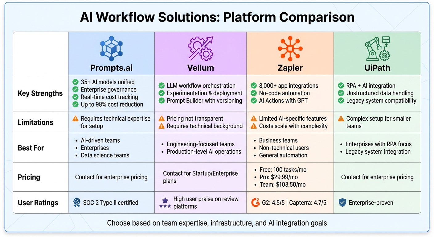 AI Workflow Solutions Comparison: Prompts.ai vs Vellum vs Zapier vs UiPath