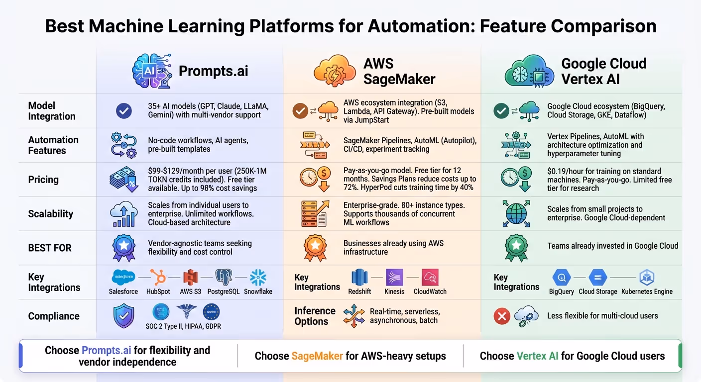 Machine Learning Platforms Comparison: Prompts.ai vs AWS SageMaker vs Google Vertex AI