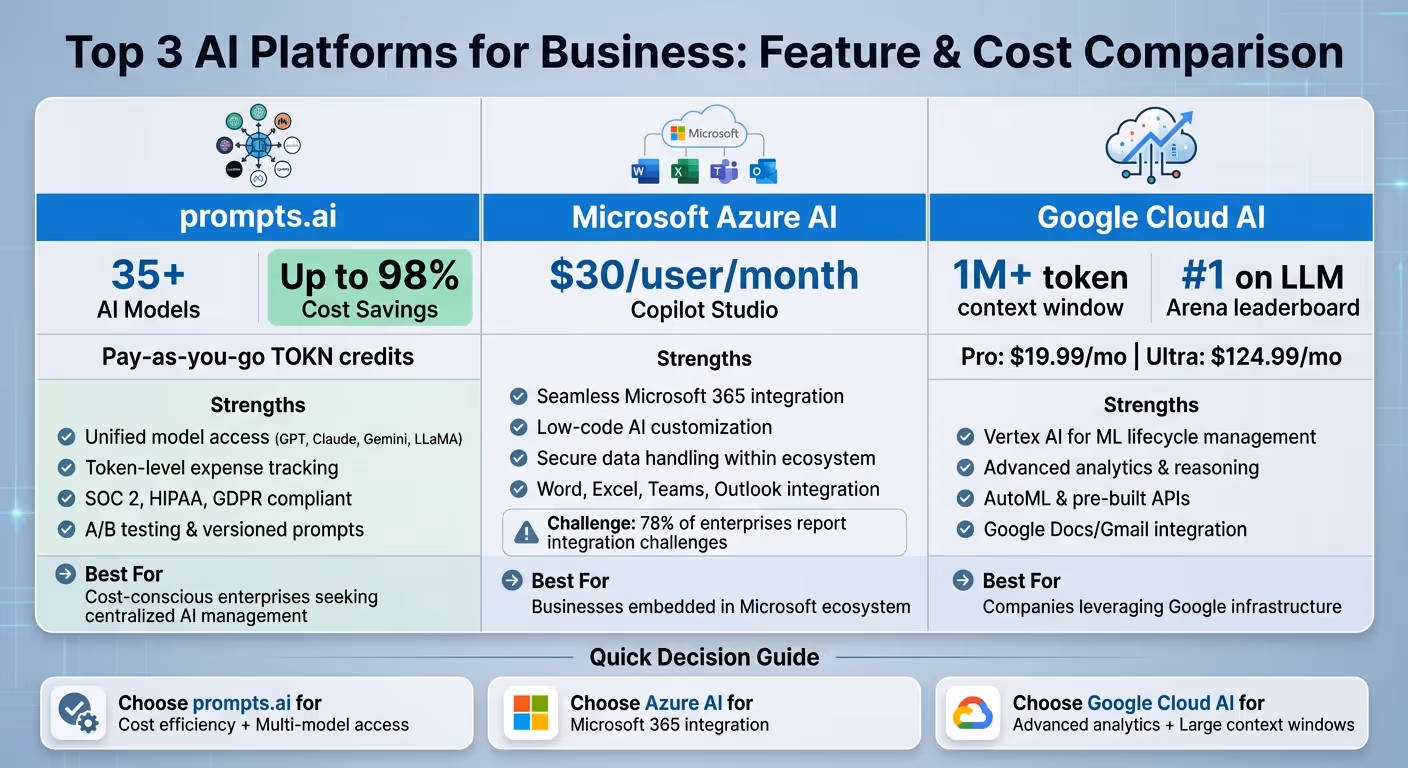 AI Platform Comparison: prompts.ai vs Microsoft Azure AI vs Google Cloud AI