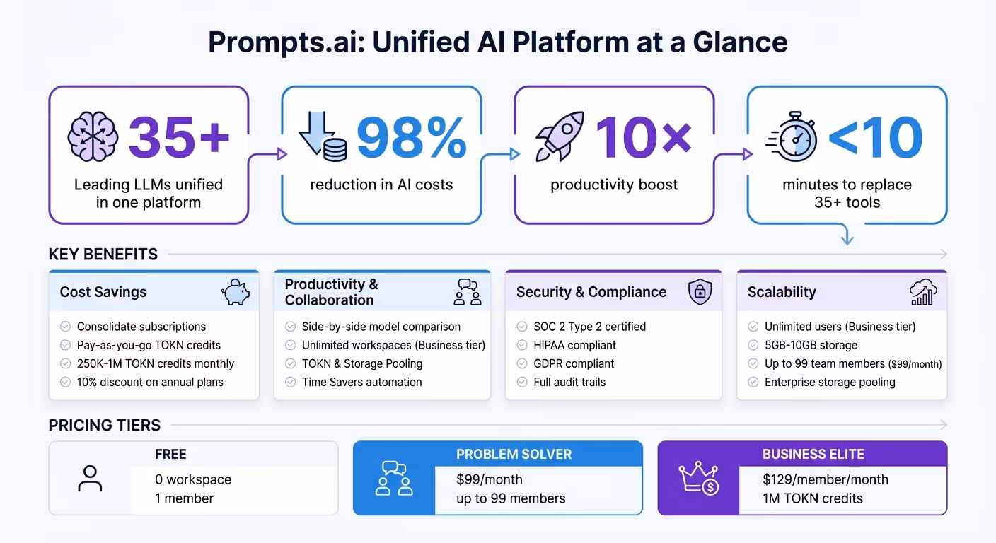 Prompts.ai Key Benefits: Cost Savings, Productivity, and Platform Features
