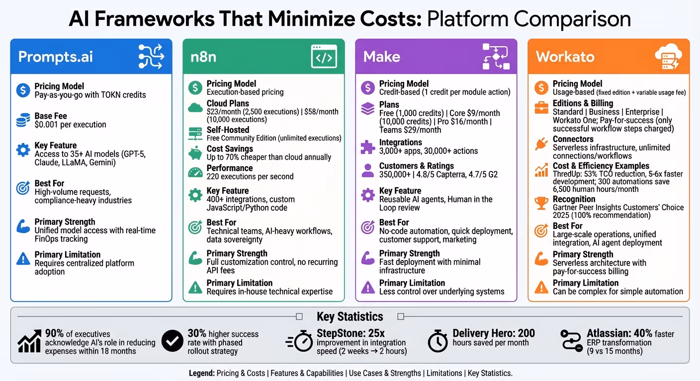 AI Framework Cost Comparison: Prompts.ai vs n8n vs Make vs Workato