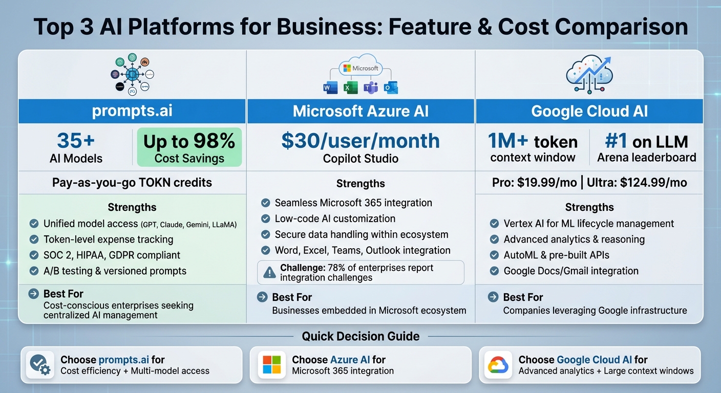 AI Platform Comparison: prompts.ai vs Microsoft Azure AI vs Google Cloud AI