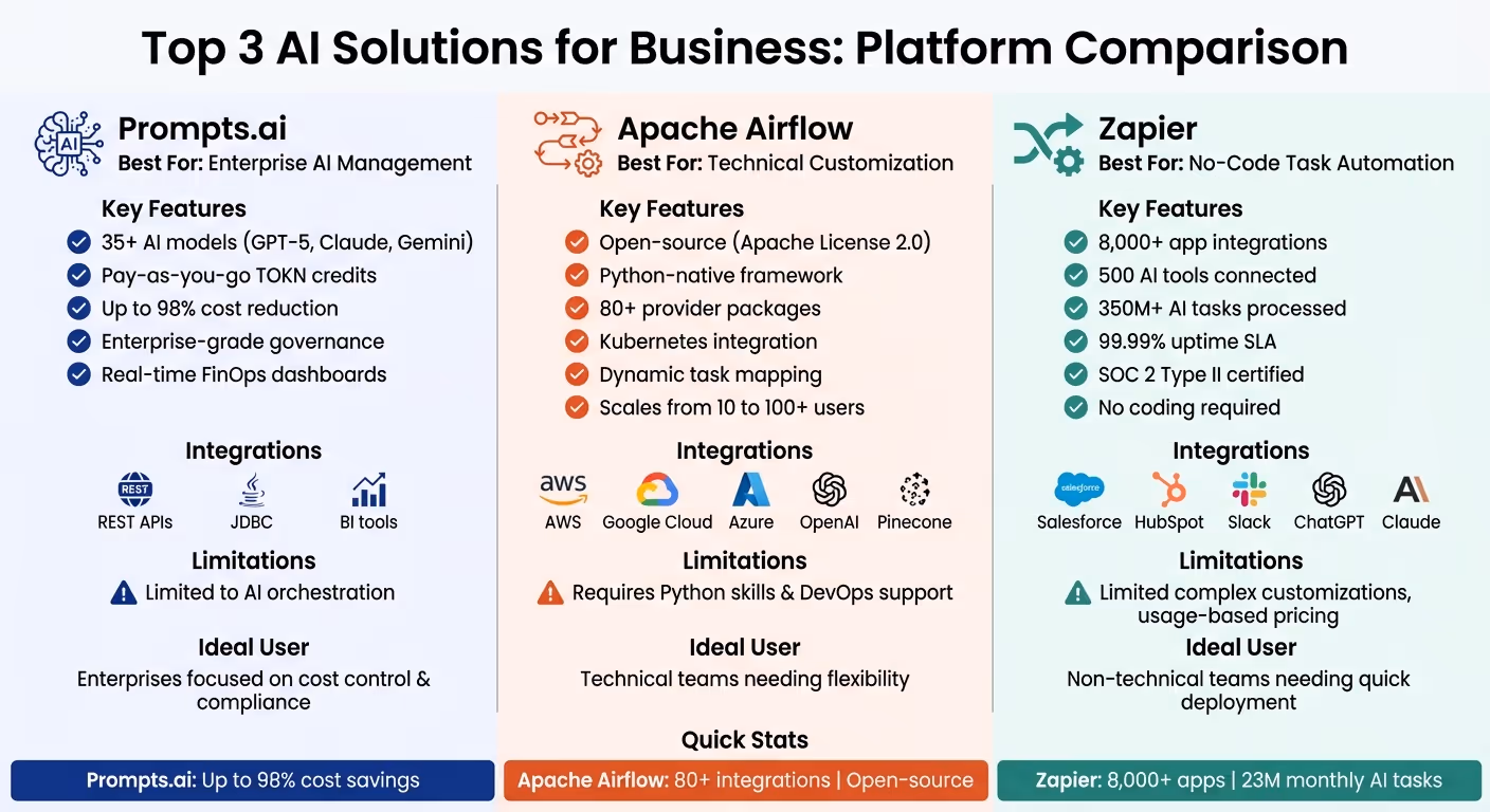 Comparison of AI Workflow Platforms: Prompts.ai vs Apache Airflow vs Zapier