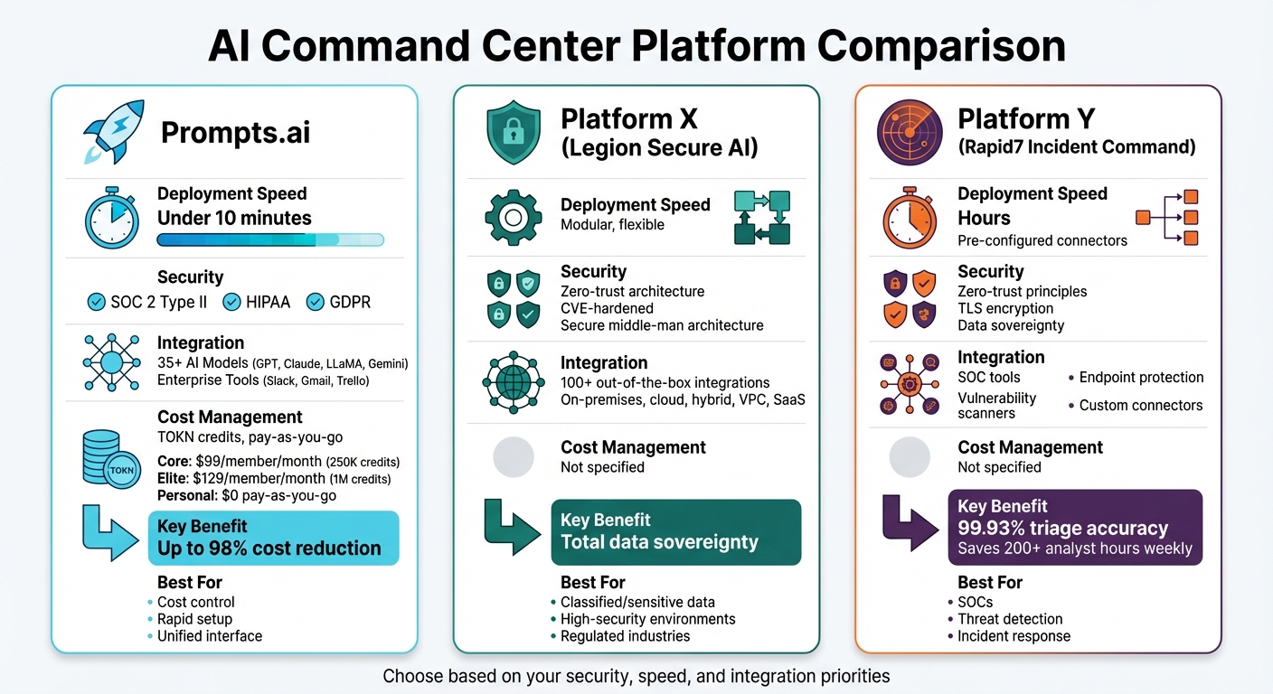 AI Command Center Platform Comparison: Prompts.ai vs Legion Secure AI vs Rapid7