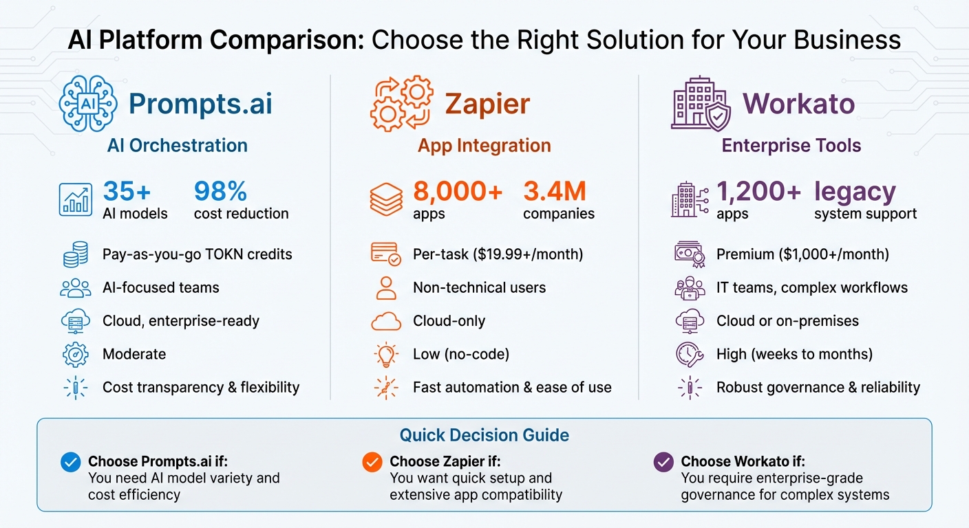 AI Platform Comparison: Prompts.ai vs Zapier vs Workato Features and Pricing