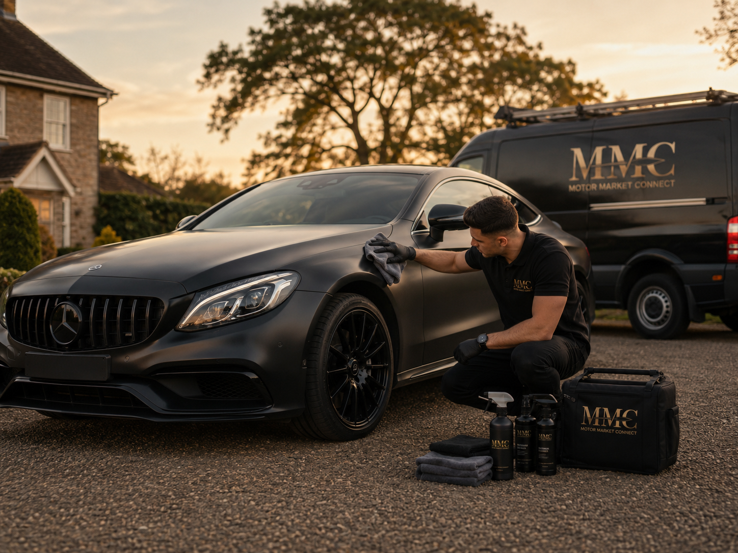 Mobile premium valet service cleaning a black luxury car by Motor Market Connect