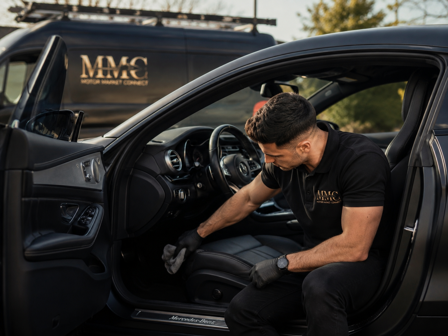 Mobile car interior restoration service repairing a luxury vehicle interior