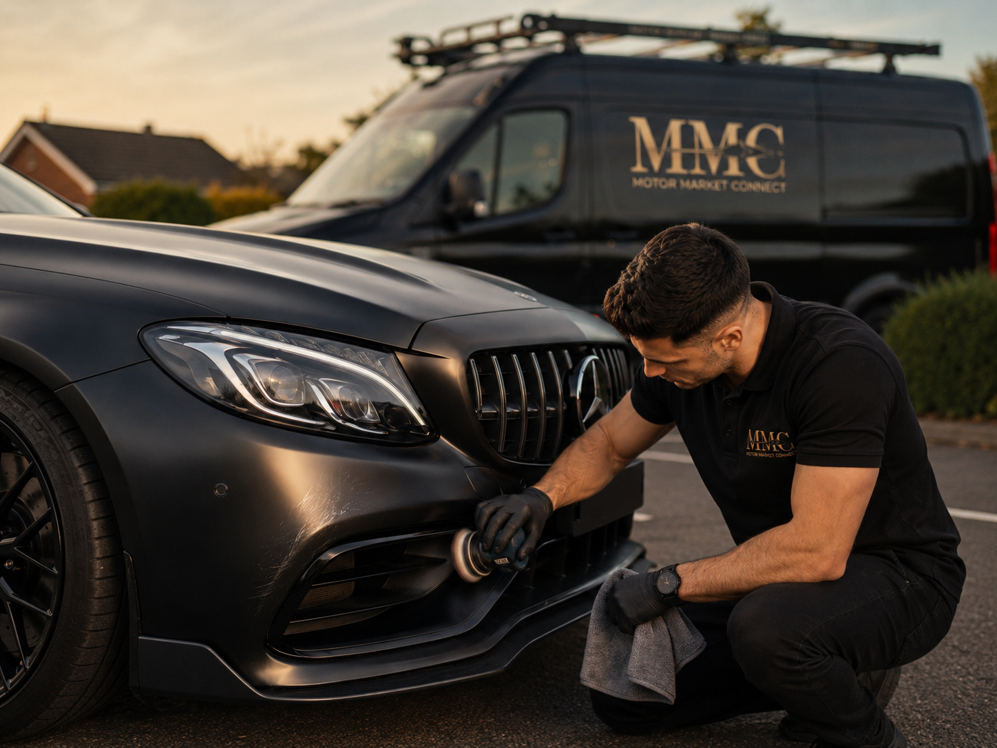Mobile smart bodywork repair on a black Mercedes by Motor Market Connect technician