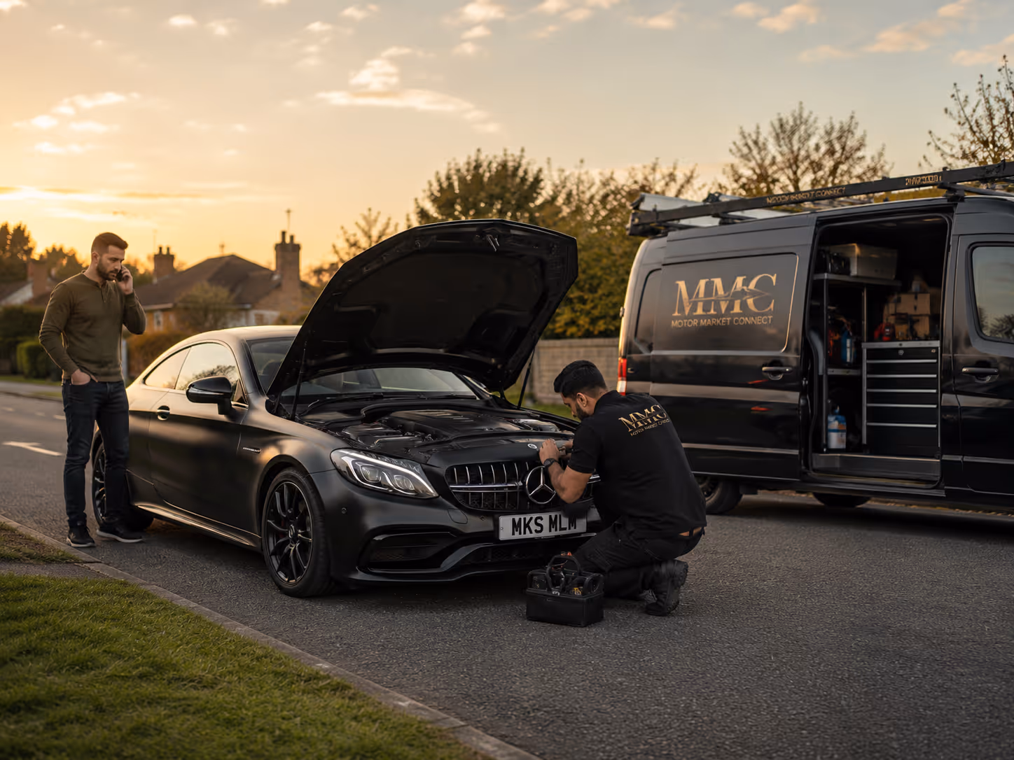 Emergency breakdown support with mobile service van and open car bonnet