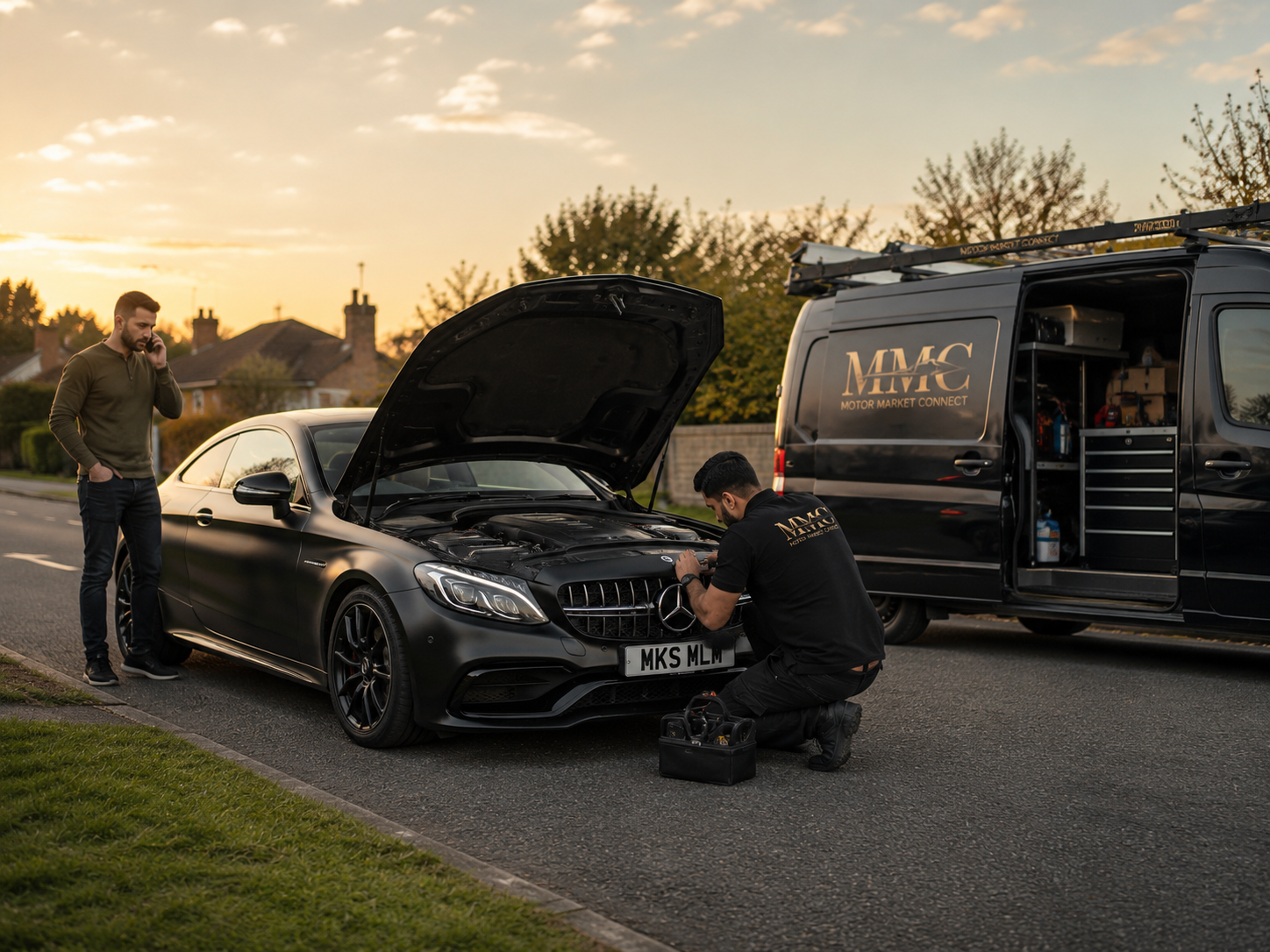 Emergency breakdown support by Motor Market Connect technician beside a vehicle