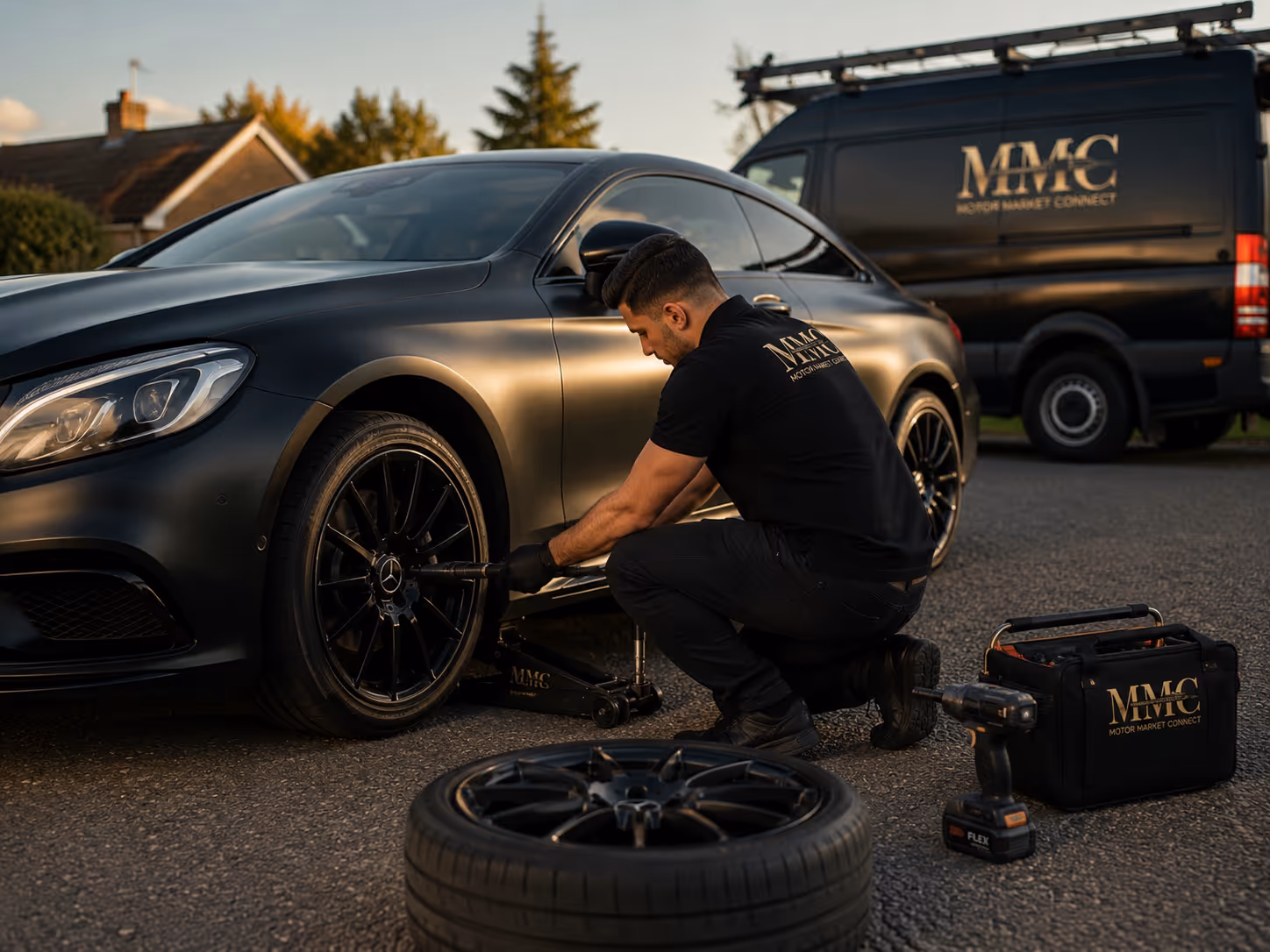Mobile tyre replacement and fitting service by Motor Market Connect technician