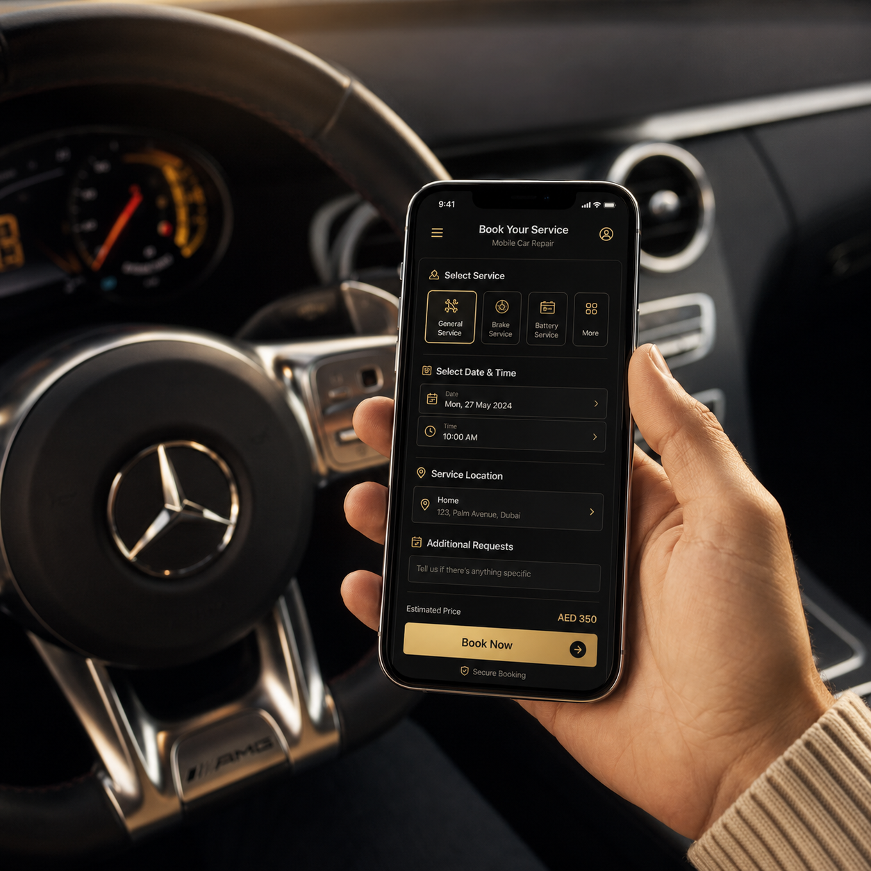 Booking a mobile car repair service online using a phone