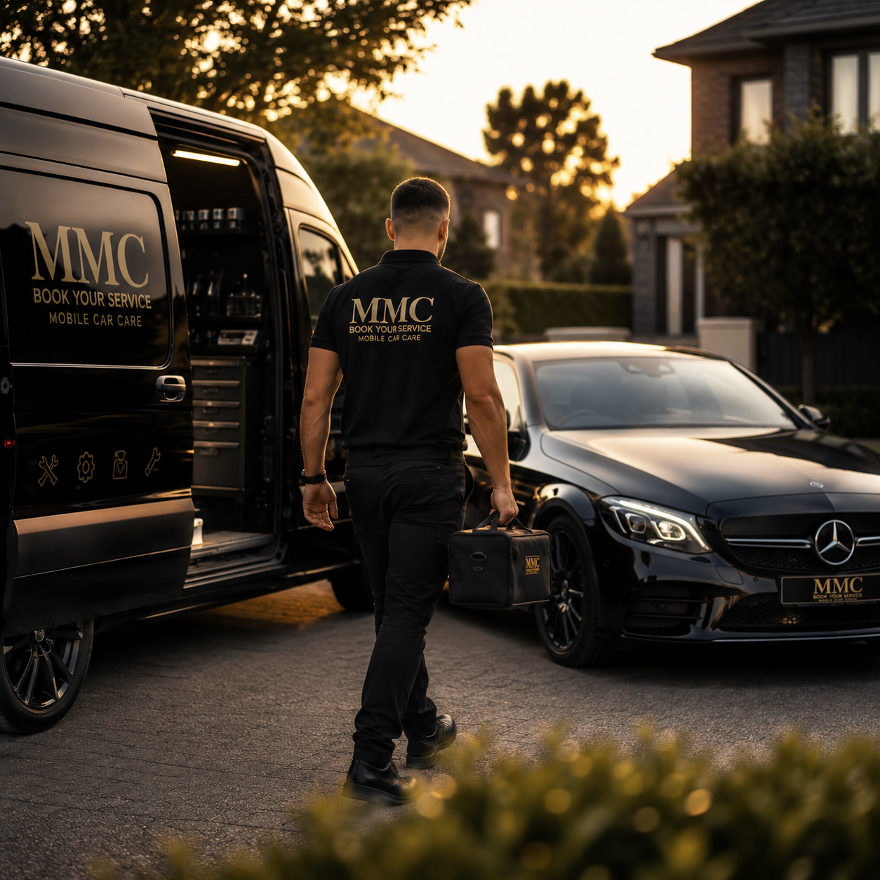 Mobile car repair technician arriving at a customer location with a service van