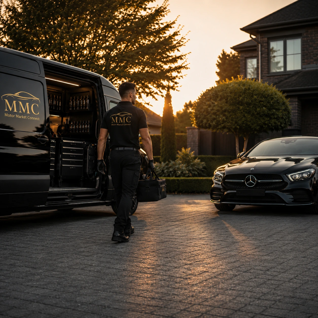 Motor Market Connect mobile car repair technician arriving at a customer location with service van and black Mercedes