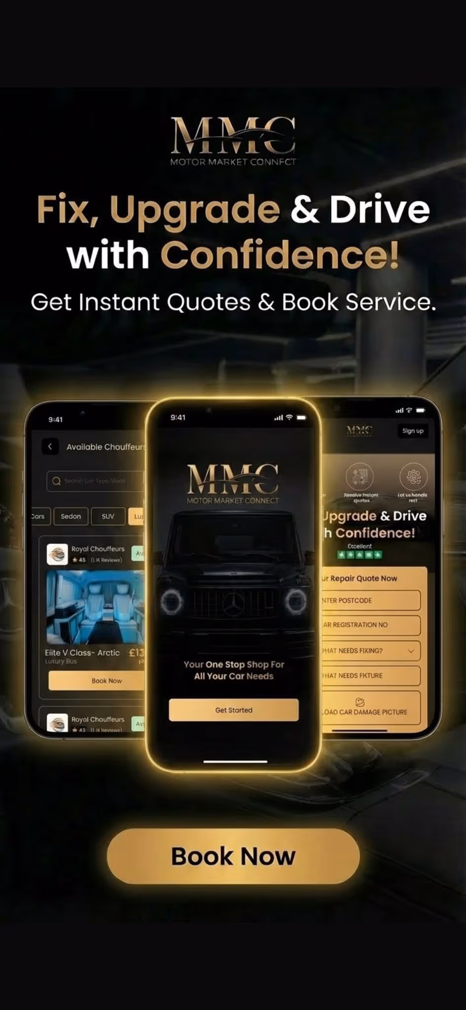 Motor Market Connect app screen showing mobile car repair service options