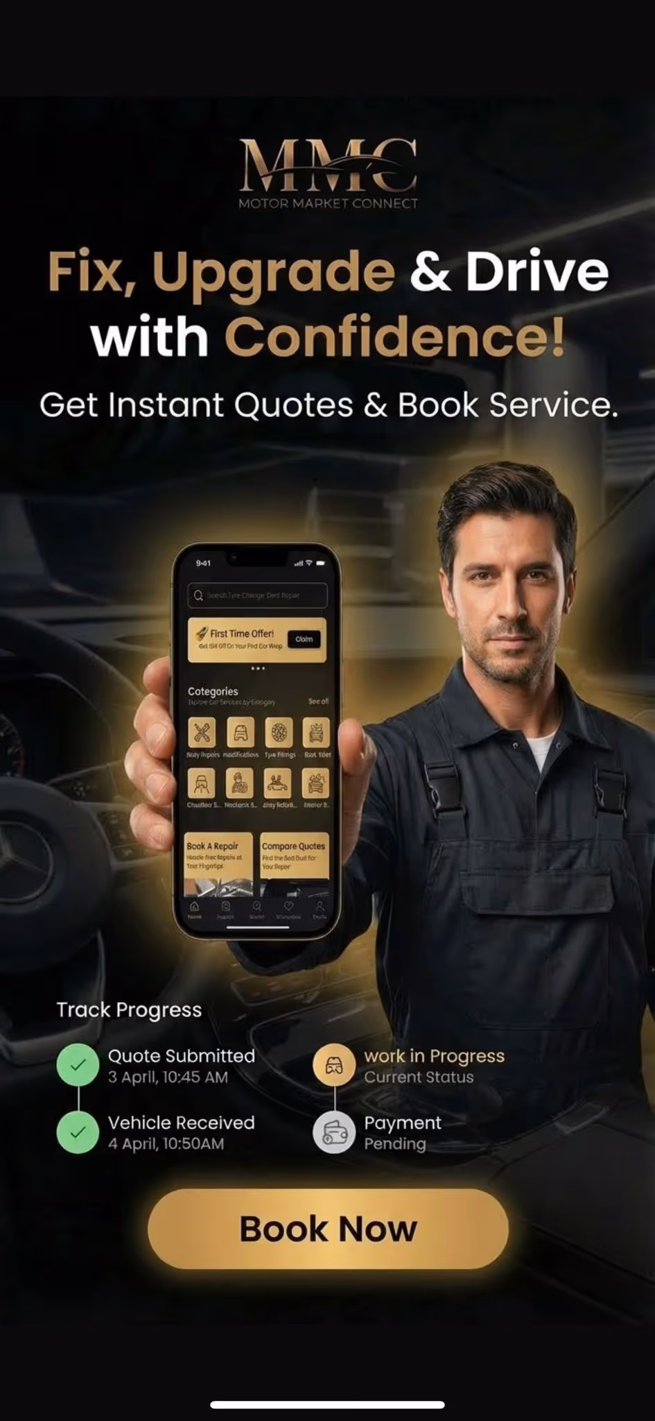 Motor Market Connect app screen for mobile vehicle repair booking