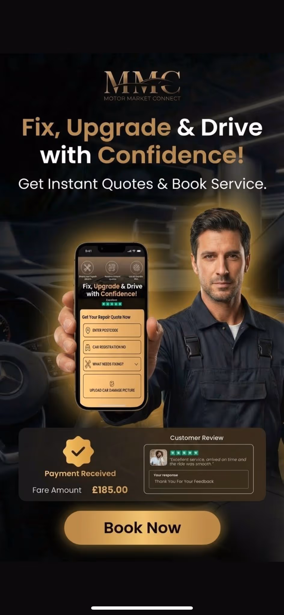 Motor Market Connect mobile app for booking car body repair, tyre fitting and vehicle support