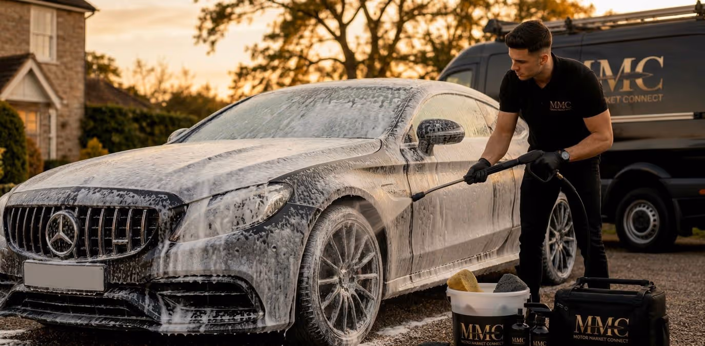 Premium mobile car valet service cleaning a black Mercedes