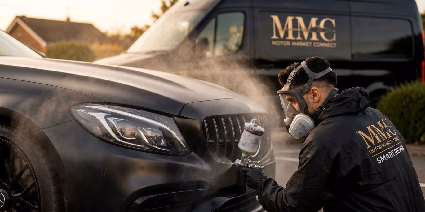 Mobile smart bodywork repair on a black Mercedes by Motor Market Connect technician