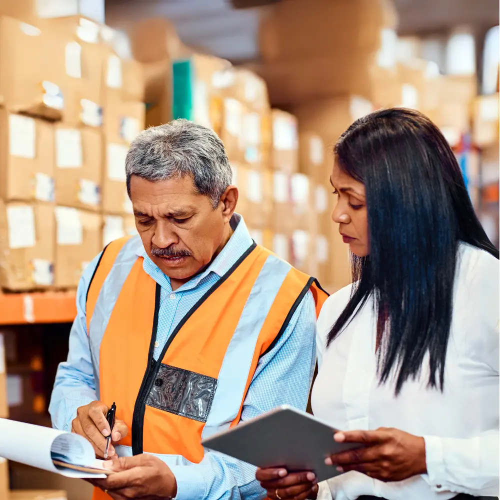 An auditor at a warehouse taking notes