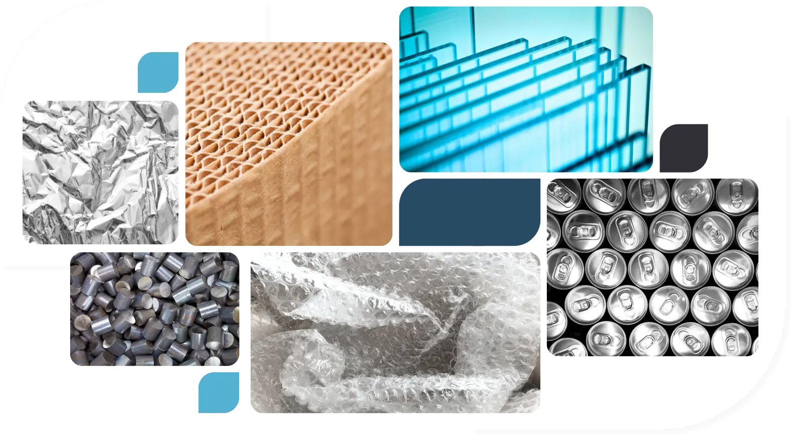 A collage of industry material types including aluminum, glass, paperboard, and plastic.