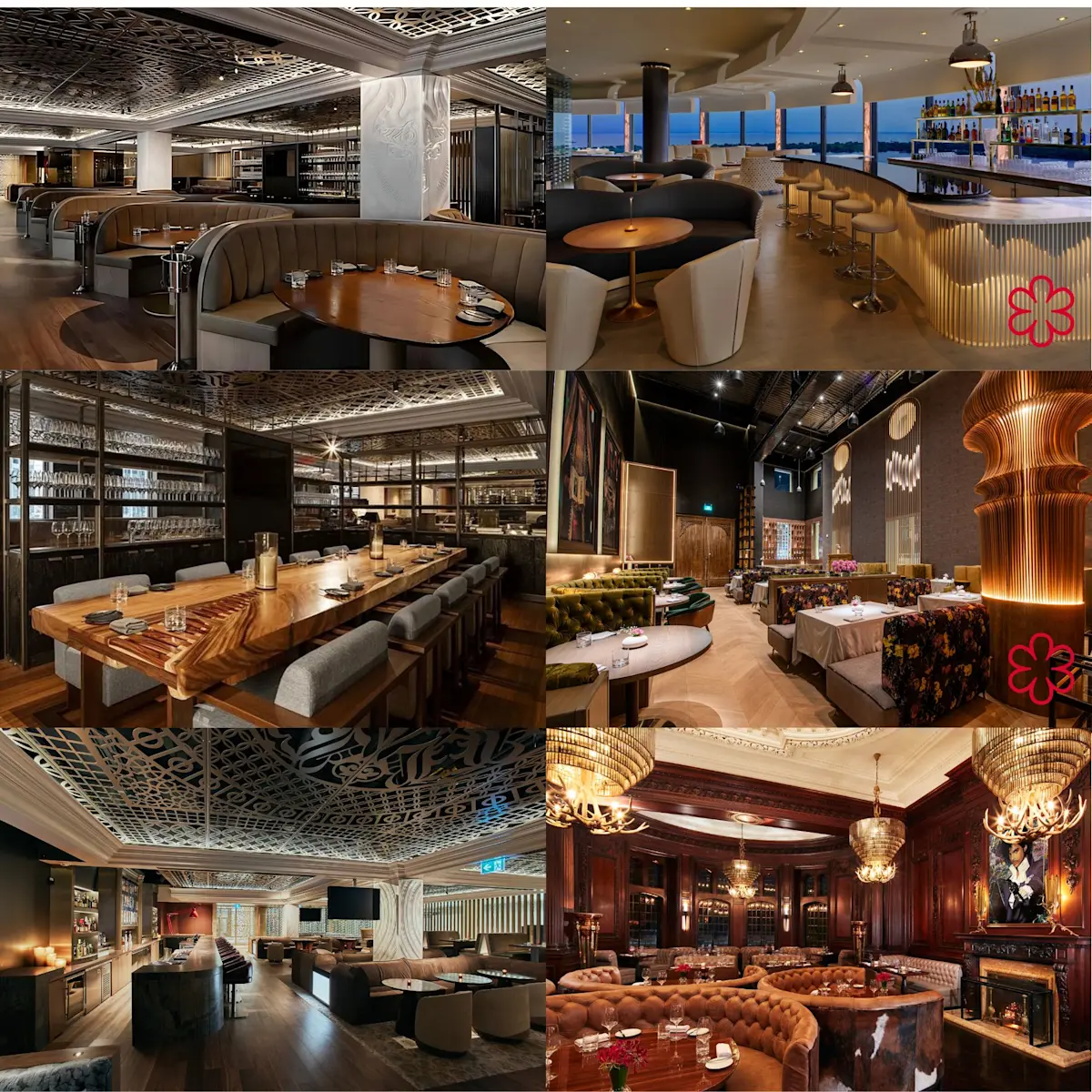 Collage of six stylish restaurant interiors featuring modern seating, wooden tables, decorative ceilings, and elegant lighting.