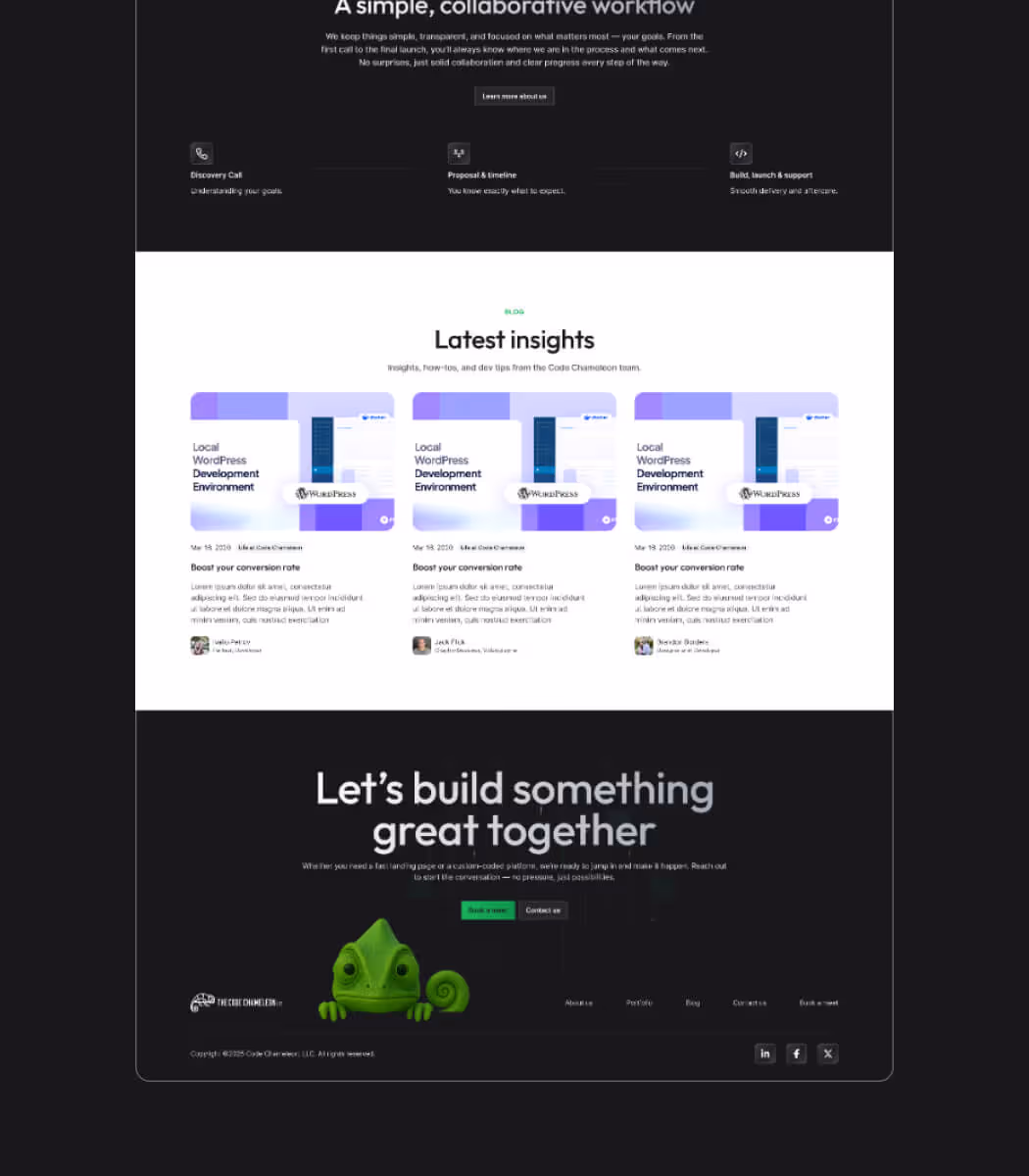 Website section with headline 'A simple, collaborative workflow' and a brief process description showing three steps: Discovery Call, Proposal & Timeline, Build, Launch & Support, each accompanied by an icon. Below is a Latest Insights section featuring three articles titled 'Local WordPress Development Environment' with publication dates, brief excerpts, and author names/photos. The bottom dark section invites users to 'Let's build something great together' with a short message and two buttons labeled 'Book a call' and 'Contact us.' A green chameleon mascot is displayed above the footer, which contains links for About Us, Portfolio, Blog, Careers, and Social media icons.
