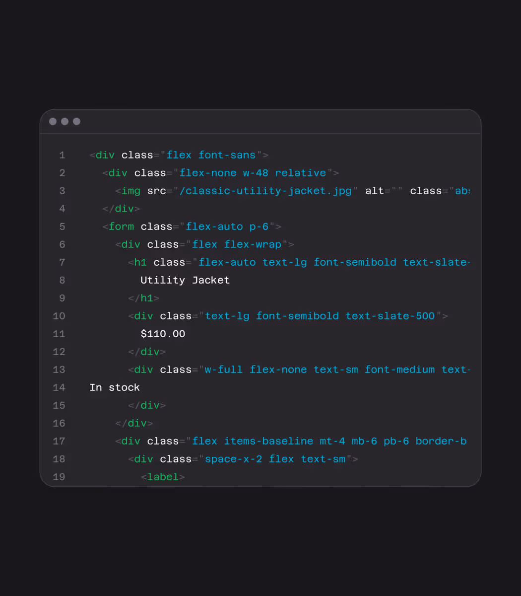 Screenshot of HTML code snippet showing a product listing with classes for styling and layout including a div container, an img tag for a utility jacket image, a heading labeled 'Utility Jacket,' a price $110.00, and availability text stating 'In stock.'