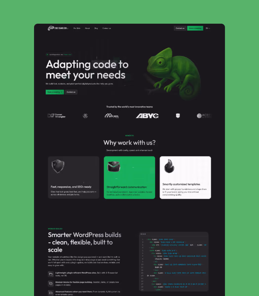 Website homepage with dark theme featuring a green chameleon graphic and the headline 'Adapting code to meet your needs.' It highlights fast, responsive SEO-ready design, straightforward communication, and smartly customized templates. Logos of trusted clients appear below. The page promotes smarter WordPress builds that are clean, flexible, built to scale with icons and bullet points describing lightweight plugins, modular blocks, and advanced features. A code snippet window shows colorful lines of WordPress code on the right side.